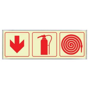 Photoluminescent Sign Frame – Fire Extinguisher, Hose, Red Arrow Down – 570 x 190mm – SIGNP3FEHA(D1)