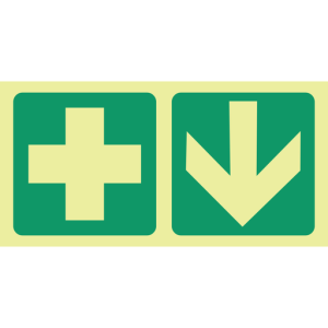 E7A – SABS Photoluminescent First aid cross, arrow down safety sign