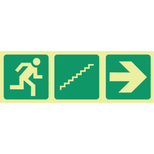 E18 – SABS Photoluminescent running man, stairs up, arrow right safety sign