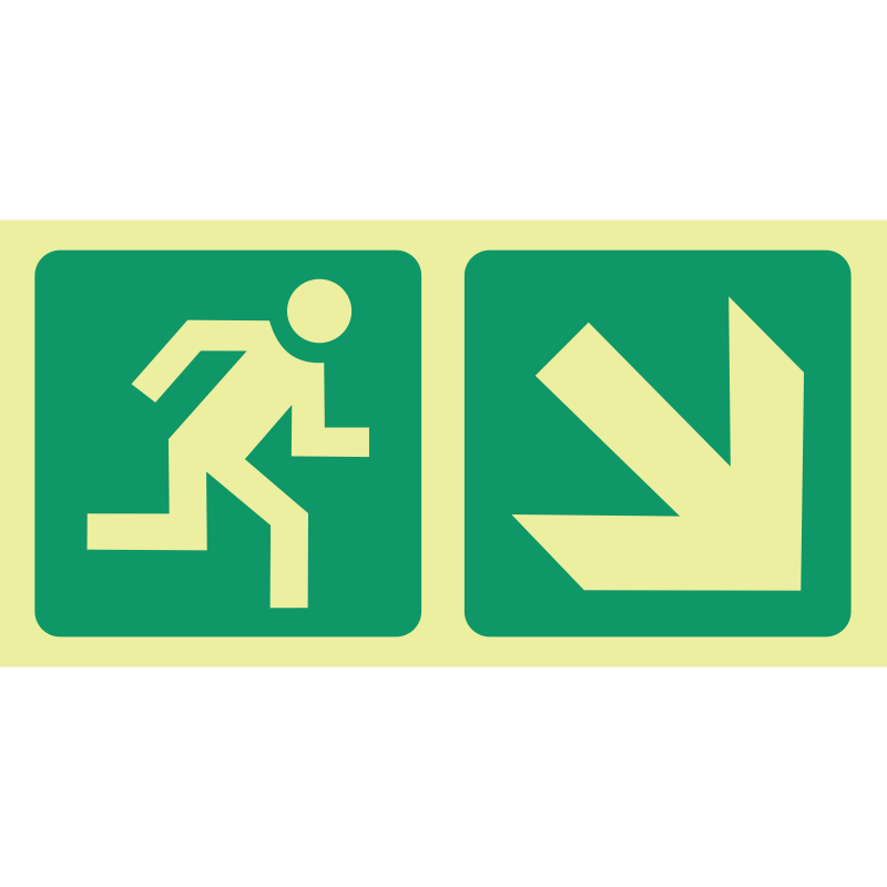 E13 – SABS Photoluminescent running man, arrow diagonal down right safety sign